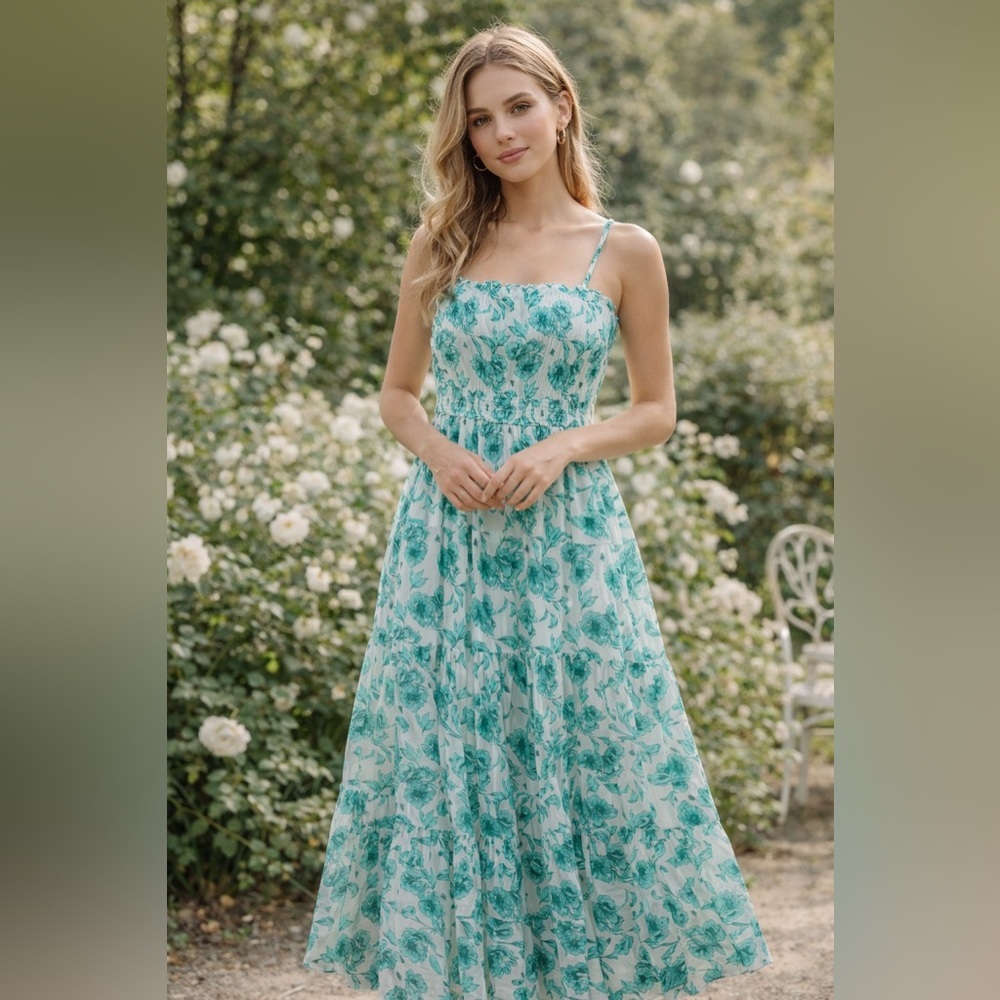CELINA MOON Teal Floral Smocked Bodice Tiered Maxi Dress - Picture 2 of 11